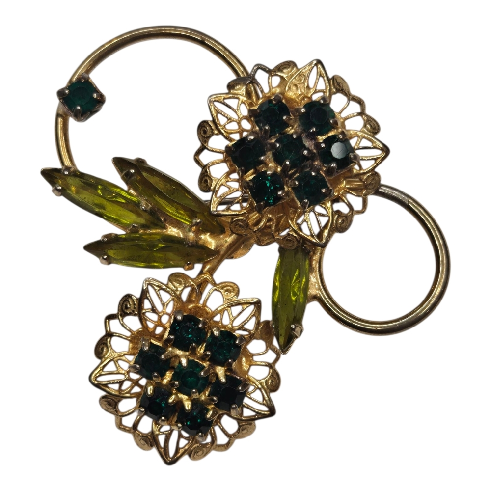 VINTAGE Elegant Gold PLATE Emerald Green Color Floral Brooch